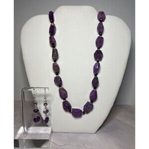 Faceted Charoite/ Onyx Bead Pendant Necklace & Earring Set (0135)
